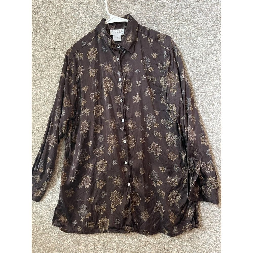 Silk Club Collection Woman’s Silk Button Up Tropical Print Long Sleeve Blouse M